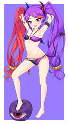  armpits bad_id bad_pixiv_id bandeau bare_shoulders bikini blush breasts collarbone female full_body hair_ornament hair_ribbon hairclip hakuta halterneck heart heart_hair_ornament heterochromia highres long_hair misaki_(princess_connect!) misaki_(summer)_(princess_connect!) multicolored_bikini multicolored_clothes multicolored_hair navel o-ring open_mouth princess_connect! purple_bikini purple_eyes purple_hair red_eyes red_hair ribbon smile solo swimsuit twintails two-tone_bikini two-tone_hair very_long_hair 