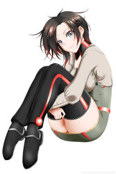  banned_artist black_hair black_legwear closed_mouth cosplay female full_body gradient_hair grey_eyes grey_shirt grey_skirt high-waist_skirt highres hugging_own_legs kimmy77 long_sleeves looking_at_viewer miniskirt multicolored_hair penny_polendina penny_polendina_(cosplay) red_hair ruby_rose rwby shiny shiny_hair shirt short_hair simple_background skirt smile solo suspender_skirt suspenders thighhighs white_background zettai_ryouiki 