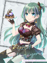  black_bow black_gloves black_thighhighs blue_eyes blush bow bra breasts brooch brown_shirt brown_skirt character_name chocolate_syrup closed_mouth crop_top dated detached_collar dot_nose earrings female fingerless_gloves food fukuda_fukutarou garter_straps gloves green_hair hair_between_eyes hairbow halterneck hand_on_own_hip happy_birthday high-low_skirt highres holding holding_plate ice_cream idoly_pride jewelry komiyama_ai long_bangs long_hair looking_at_viewer medium_breasts midriff miniskirt multicolored_hair navel neck_ribbon one_eye_closed plaid plaid_bra plate pleated_skirt puffy_short_sleeves puffy_sleeves purple_hair raised_eyebrows red_ribbon ribbon shirt short_sleeves shorts shorts_under_skirt skirt smile solo straight_hair streaked_hair studded_gloves sundae thighhighs underwear 