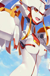  armor blue_sky breasts cloud darling_in_the_franxx day female highres humanization mecha medium_breasts open_mouth orange_eyes robot sgt-jz sky solo strelizia white_armor 