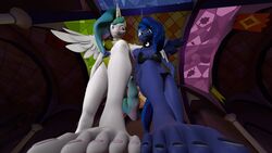  16:9 3d_(artwork) 5_toes alexreindeer alicorn anthro barefoot bottomwear canterlot castle clothed clothing detailed_background digital_media_(artwork) dominant dominant_anthro dominant_female duo equestria equid equine feet female foot_fetish foot_focus friendship_is_magic hair hasbro hi_res horn horse humanoid_feet looking_at_viewer looking_down low-angle_view mammal my_little_pony mythological_creature mythological_equine mythology nails nexgen pegasus plantigrade pony princess princess_celestia_(mlp) princess_luna_(mlp) royalty smile smirk source_filmmaker_(artwork) standing_on_another toenails toes unicorn widescreen wings worm&#039;s-eye_view 