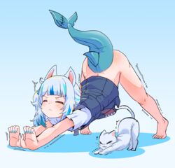  animal_ears barefoot blue_background blue_hair blue_skirt bottomless cat_ears clothes_lift feet feline female fins fish_tail gawr_gura gawr_gura_(casual) grey_hair hair_ornament hololive hololive_english legs moral_cacoethes multicolored_hair nail_polish no_panties shark_girl shark_tail shirt side_ponytail skirt skirt_lift solo streaked_hair stretching tail tiptoes toenail_polish toenails toes top-down_bottom-up virtual_youtuber white_shirt 