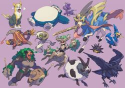  all_fours bad_id bad_pixiv_id black_sclera boltund closed_eyes colored_sclera commentary_request corviknight cramorant dubwool fire furry heatmor highres holding komame_(st_beans) looking_back lying mouth_hold on_back one-eyed open_mouth pincurchin pokemon pokemon_(creature) purple_background red_eyes rillaboom silicobra simple_background sitting sleeping snorlax tongue tongue_out toxel trevenant zacian zacian_(crowned) 