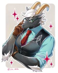  4:5 5_fingers anthro arm_hair body_hair bovid caprine clothed clothing eyewear fingers glasses gloves goat green_eyes hair handwear horn humanoid_hands jin_akhr lifewonders male mammal necktie pecs signature solo tanngrisnir_(tas) tokyo_afterschool_summoners topwear white_hair 