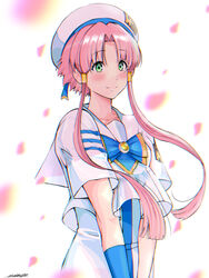  absurdres andanden aria_(manga) aria_company_uniform blouse blue_bow blue_bowtie blush bow bowtie cherry_blossoms closed_mouth cowboy_shot dress female forehead green_eyes hair_intakes hair_tubes hat highres long_dress looking_at_viewer mizunashi_akari parted_bangs patch petals pink_hair sailor_collar sailor_hat shirt short_hair_with_long_locks short_sleeves sidelocks sleeveless sleeveless_dress smile solo summer_uniform uniform v_arms white_hat white_shirt 