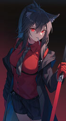  animal_ear_fluff animal_ears arknights bangs belt black_background black_hair black_jacket black_shorts breasts chinese_commentary cigarette commentary_request cowboy_shot female gloves gradient gradient_background grey_neckwear hair_between_eyes highres holding holding_sword holding_weapon jacket long_hair long_sleeves looking_at_viewer medium_breasts mouth_hold necktie nian off_shoulder official_alternate_costume open_clothes open_jacket parted_lips red_background red_eyes red_shirt reverse_grip shirt shorts sidelocks smoking solo standing sword texas_(arknights) weapon wolf_ears 