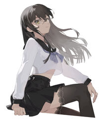  black_hair black_sailor_collar black_skirt black_thighhighs closed_mouth commentary female from_side glasses green_eyes hand_on_own_knee highres juusan_kihei_bouei_ken knee_up lace-trimmed_legwear lace_trim lilith-lily long_hair long_sleeves looking_at_viewer neckerchief pleated_skirt purple_neckerchief sailor_collar school_uniform serafuku sidelocks simple_background sitting skirt solo thighhighs white_background yakushiji_megumi 