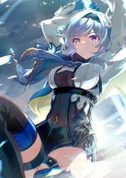  arms_up black_hairband black_headband blue_cape blue_gloves blue_hair blue_necktie bodystocking breasts cape chest_harness commentary_request eula_(genshin_impact) female genshin_impact gloves hair_ornament hairband harness headband high-waist_shorts highres icedango_(dpopic3) long_sleeves medium_breasts medium_hair necktie shorts sidelocks solo thigh_strap thighhighs thighs yellow_eyes 