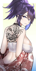  back back_tattoo black_choker blue_eyes blue_hair breasts chest_sarashi choker commission dragon_tattoo english_commentary female from_behind highres kaiend kson large_breasts long_hair looking_at_viewer looking_back mole mole_under_eye multicolored_hair ponytail purple_hair sarashi sideboob skindentation solo souchou streaked_hair tattoo upper_body virtual_youtuber vshojo 