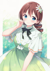  back_bow black_bow black_bowtie blue_eyes blush border bow bowtie breasts brooch brown_hair buttons closed_mouth collared_shirt commentary_request cowboy_shot dress drill_hair emma_verde female fingernails floral_background flower freckles green_dress hair_flower hair_ornament hand_up hazuki_(sutasuta) highres jewelry la_bella_patria_(love_live!) long_hair looking_at_viewer love_live! love_live!_nijigasaki_high_school_idol_club low_twintails medium_breasts outside_border ribbon shirt short_sleeves smile solo standing twintails two-tone_dress white_background white_border white_dress white_flower white_shirt wide_sleeves 