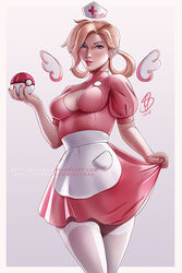  1girls blizzard_entertainment blonde_hair blue_eyes breasts cleavage cleavage_cutout cosplay crossover dress dress_tug female female_only floating_hat floating_wings hat holding_ball human light_smile medium_breasts mercy nurse nurse_joy nurse_joy_(cosplay) olchas overwatch pink_dress pink_lips pinup pokeball pokemon smile smiling solo standing stockings white_stockings wings 