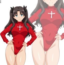  absurdres ass_visible_through_thighs black_hair blue_eyes breasts fate/stay_night fate_(series) female groin hands_on_own_hips highres justcuyo leotard long_sleeves medium_breasts multiple_views red_leotard simple_background tohsaka_rin two_side_up white_background zoom_layer 