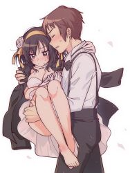  1boy black_bow black_bowtie black_pants blush bow bowtie breasts brown_eyes brown_hair carrying cleavage closed_eyes collared_shirt commentary_request dress female flower from_side hair_flower hair_ornament hair_ribbon hairband hand_on_another&#039;s_shoulder high_heels highres knees kyon legs medium_hair pants princess_carry ribbon shirt shoes short_hair simple_background single_bare_foot single_shoe suzumiya_haruhi suzumiya_haruhi_no_yuuutsu sweatdrop taiki_(6240taiki) toes walking white_background white_dress white_shirt white_shoes yellow_hairband yellow_ribbon 