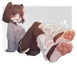  anthro ass bear black_body black_hair blush bottomwear brown_body brown_fur claws clothed clothing detailed_shading digital_media_(artwork) feet female foot_fetish foot_focus footwear fur gaiters giant_panda grey_clothing grey_shirt grey_topwear hair heterochromia hi_res janiskisa kemono leggings legwear looking_at_viewer mammal open_mouth pawpads paws pink_eyes red_eyes shirt short_hair short_tail shorts simple_background smile socks soft_lighting solo tail teeth tongue topwear white_body white_fur 