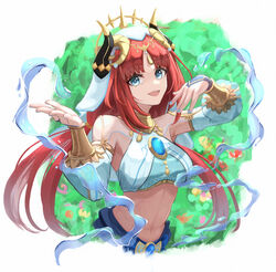  :d bare_shoulders blue_eyes breasts brooch circlet commentary_request crop_top fake_horns female genshin_impact hands_up highres horns jewelry long_hair long_sleeves looking_at_viewer medium_breasts midriff moppo navel nilou_(genshin_impact) open_mouth partial_commentary red_hair smile solo stomach upper_body veil very_long_hair white_headwear white_veil 