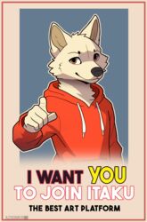  anthro azoomer border bottomless canid canine canis clothed clothing digital_media_(artwork) english_text fur gesture hand_gesture hi_res i_want_you itaku looking_at_viewer male mammal meme orange_border pointing pointing_at_viewer poster propaganda_poster red_clothing red_sweater red_topwear simple_background solo sweater sweater_only text topwear topwear_only white_body white_fur wolf 