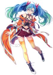  az_sainklaus blue_hair boots breasts cleavage collarbone female floating floating_hair green_hair hair_between_eyes highres itoi_miho jacket medium_breasts navel off_shoulder official_art open_hands orange_jacket red_eyes solo super_robot_wars super_robot_wars_30 thighhighs transparent_background 