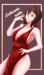  absurdres bluff260 border breasts brown_background brown_eyes brown_hair character_name cleavage closed_mouth commentary cowboy_shot cursive dress dutch_angle female girls_und_panzer hand_on_own_hip highres looking_at_viewer medium_breasts nishizumi_maho outside_border red_dress short_hair side_slit sleeveless sleeveless_dress smile solo standing yellow_border 