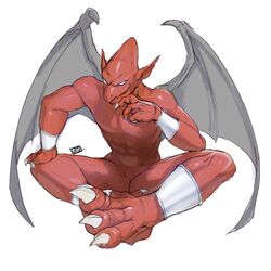  1:1 4_toes abs armwear barefoot clawed_fingers claws clothing demon digital_media_(artwork) feet firebrand gargoyle hand_on_knee hand_on_leg hi_res humanoid katabreak legwear male membrane_(anatomy) membranous_wings mostly_nude mostly_nude_humanoid mostly_nude_male paws pecs red_arremer red_body simple_background sitting solo toe_claws toes white_background white_eyes wings 