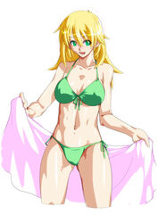  blonde_hair breasts female green_eyes hoshii_miki idolmaster idolmaster_(classic) long_hair looking_at_viewer navel open_mouth qkat_(arikawa-dou) simple_background smile solo swimsuit white_background 