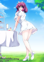  blue_eyes blue_sky cloud crown day dress female full_body gloves henrietta_de_tristain high_heels medium_hair nafta outdoors purple_hair short_dress short_sleeves sky solo standing table tree white_dress white_footwear white_gloves zero_no_tsukaima 