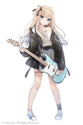  asymmetrical_legwear bare_shoulders black_bow black_jacket black_legwear blonde_hair blue_eyes blue_footwear blush bow closed_mouth collarbone commentary_request electric_guitar female fishnet_thighhighs fishnets full_body grey_skirt guitar hairbow highres holding holding_instrument instrument jacket katou_koharu mafuyu_(chibi21) off_shoulder one_side_up open_clothes open_jacket pleated_skirt poker_chase shirt shoes simple_background single_sock single_thighhigh skirt smile socks solo standing thighhighs uneven_legwear watermark white_background white_shirt 