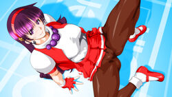  asamiya_athena breasts cameltoe closed_mouth commentary_request female fingerless_gloves gloves hairband long_hair looking_at_viewer medium_breasts pantyhose photoshop_(medium) psycho_soldier purple_eyes purple_hair qkat_(arikawa-dou) red_hairband skirt smile solo the_king_of_fighters the_king_of_fighters_&#039;97 