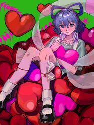  akatsuki_records annindofu_umaaa bad_id bad_twitter_id black_footwear blue_dress blue_eyes blue_hair blush bobby_socks closed_mouth collarbone dress female foot_out_of_frame green_background hagoromo hair_between_eyes hair_ornament hair_rings hair_stick heart highres kaku_seiga knees_up legband light_smile looking_at_viewer mary_janes necromantic ofuda open_clothes open_vest puffy_short_sleeves puffy_sleeves see-through shawl shoes short_hair short_sleeves simple_background sitting socks solo touhou vest white_socks white_vest wing_collar 