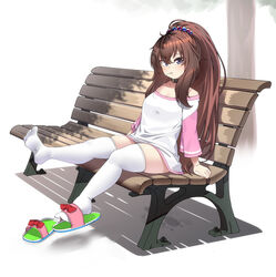  bench blush bow breasts brown_hair candy commentary_request daughter_(konoshige) dildo_reveal female female_masturbation food food_in_mouth hair_ornament high_ponytail highres implied_masturbation konoshige_(ryuun) legs_up lollipop long_hair looking_at_viewer masturbation original ponytail purple_eyes pussy_juice pussy_juice_puddle red_bow simple_background sitting skindentation slippers small_breasts solo stealth_masturbation thighhighs very_long_hair white_background white_thighhighs zettai_ryouiki 