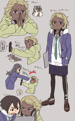  ! !! &gt;_&lt; 3girls anarchy_ptck asakusa_midori bad_id bad_pixiv_id black_hair blazer blonde_hair brown_eyes dark-skinned_female dark_skin doumeki_parker eizouken_ni_wa_te_wo_dasu_na! freckles headphones headphones_around_neck hood hoodie jacket kanamori_sayaka multiple_girls necktie own_hands_together pants pants_under_skirt partially_translated pleated_skirt raccoon school_uniform skirt translation_request 