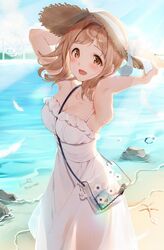  :d arm_up bag bare_arms bare_shoulders between_breasts blue_sky blush breasts brown_eyes brown_hair brown_hat cleavage cloud cloudy_sky collarbone commentary_request day dress female hand_on_headwear hand_up hat highres idolmaster idolmaster_shiny_colors kinako_(shiratama_mochi) medium_breasts ocean open_mouth outdoors sakuragi_mano shoulder_bag signature sky sleeveless sleeveless_dress smile solo strap_between_breasts straw_hat sundress sunlight twitter_username water wind_turbine 