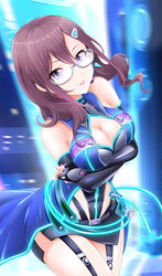  absurdres arms_under_breasts bare_shoulders belt black_belt black_gloves black_skirt blurry blurry_background blush breasts brown_hair cleavage cleavage_cutout clothing_cutout cowboy_shot crossed_arms dot_nose elbow_gloves eva_16-gouki female fingerless_gloves front_slit garter_straps glasses gloves grey-framed_eyewear headset highres idolmaster idolmaster_cinderella_girls idolmaster_cinderella_girls_starlight_stage large_breasts long_hair looking_at_viewer miniskirt purple_eyes revealing_clothes side_slit skirt smile solo standing tongue tongue_out two-tone_dress yagami_makino 