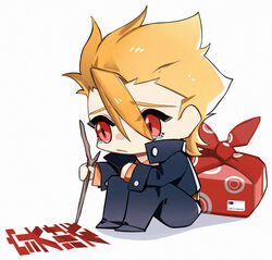  1boy blonde_hair character_name chibi commentary_request crying fate/prototype fate_(series) gilgamesh_(fate/prototype) holding holding_stick hugging_own_legs k7_(kk7_000) male_focus md5_mismatch package photoshop_(medium) red_eyes sitting solo stick tears writing 