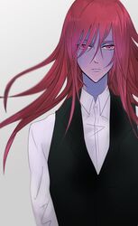  1boy aeka_(0ameiro0) colored_skin expressionless gannen_harst highres long_hair male_focus purple_skin red_eyes red_hair solo the_saga_of_darren_shan vest 