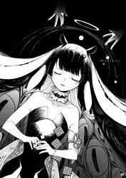  a:n_(angrynum) blunt_bangs closed_eyes collarbone detached_sleeves extra_eyes female flat_chest fur_choker greyscale halo highres hololive hololive_english long_hair lying mole mole_under_eye monochrome ninomae_ina&#039;nis ninomae_ina&#039;nis_(1st_costume) on_back open_hands parted_lips sidelocks single_detached_sleeve solo_focus tentacle_hair very_long_hair virtual_youtuber 