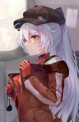  absurdres badge blurry blurry_background breasts brown_hat button_badge cosplay evangelion:_3.0_you_can_(not)_redo eyepatch female fingernails grey_hair hair_between_eyes hat highres holding holding_eyepatch honkai_(series) honkai_impact_3rd kiana_kaslana large_breasts long_hair mecha neon_genesis_evangelion paper parted_lips plugsuit ponytail rebuild_of_evangelion robot solo souryuu_asuka_langley souryuu_asuka_langley_(cosplay) turtleneck undressing window yelan_xing_xuan yellow_eyes zipper zipper_pull_tab 