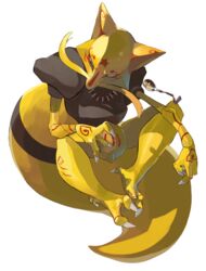  absurdres bad_id bad_pixiv_id bent_spoon black_eyes claws commentary full_body highres kadabra looking_to_the_side no_humans pokemon pokemon_(creature) simple_background solo spoon white_background yunimaru 