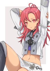  akina_(akn_646) antenna_hair arms_up black_footwear boots closed_mouth dark_skin double-breasted female fire_emblem fire_emblem:_three_houses hapi_(fire_emblem) knee_up long_sleeves looking_at_viewer midriff miniskirt navel red_eyes red_hair sitting skirt smile solo stomach thigh_boots thighhighs thighs two-tone_background uniform white_skirt 