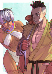  1boy :d bikini blue_eyes blue_sky border breasts brown_eyes brown_hair commission dark-skinned_female dark-skinned_male dark_skin dougi earrings elena_(street_fighter) female fingerless_gloves gloves jewelry karate_gi muscular muscular_male open_mouth sean_matsuda short_hair skeb_commission sky smile street_fighter swimsuit tsuna_(akmu8832) white_bikini white_border white_hair 