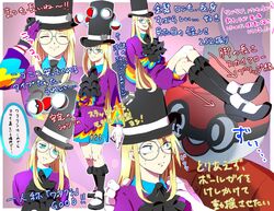  2boys absurdres ascot asymmetrical_gloves avery_(pokemon) ball_guy black_ascot black_headwear black_legwear blonde_hair blue_eyes commentary_request dynamax_band floating floating_object glasses gloves hat highres long_hair looking_at_viewer male_focus mira_(miramita8727) mismatched_gloves multiple_boys multiple_views poke_ball poke_ball_(basic) pokemon pokemon_swsh round_eyewear shoes shorts smile socks telekinesis top_hat translation_request 