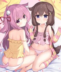  2drr 2girls :&lt; :o animal_ear_fluff animal_ears ass azur_lane bare_arms bare_legs bare_shoulders barefoot bed_sheet blush brown_hair camisole cat_ears cat_girl cat_tail chestnut_mouth closed_mouth commentary_request commission crescent crescent_hair_ornament curtains dog_ears dog_girl dog_tail fumizuki_(azur_lane) hair_between_eyes hair_ornament hair_ribbon hairclip hands_up highres jacket kisaragi_(azur_lane) kneehighs long_hair long_sleeves looking_at_viewer looking_back low_twintails multiple_girls navel no_shoes one_side_up open_clothes open_jacket panties parted_lips petals pinching_sleeves pink_camisole pink_hair pixiv_commission purple_eyes red_ribbon revision ribbon sleeves_past_wrists socks soles strap_slip striped_clothes striped_jacket striped_panties striped_socks tail twintails underwear underwear_only very_long_hair white_panties yellow_camisole 