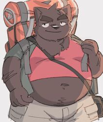  2022 absurd_res anthro backpack belly big_belly black_nose bottomwear brown_body bulge clothing hi_res humanoid_hands jamiephut kemono male mammal navel overweight overweight_male shirt shorts simple_background solo topwear 