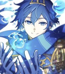  1boy blue_eyes blue_hair blue_scarf blue_theme bubble commentary cupping_hands eighth_note epaulettes gloves haru_aki headpiece heart holding kaito_(vocaloid) looking_at_viewer magical_mirai_(vocaloid) magical_mirai_kaito magical_mirai_kaito_(2021) male_focus musical_note object_floating_above_hand own_hands_together portrait scarf signature smile solo translated vocaloid white_background white_gloves 