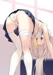  ass asymmetrical_legwear ayanami_(azur_lane) azur_lane bandaged_leg bandages bare_arms bent_over black_skirt breasts brown_eyes clothes_between_thighs female from_behind highres kneehighs kneepits knees_together_feet_apart light_brown_hair long_hair medium_breasts midriff ootsuki_momiji panties pleated_skirt single_kneehigh single_sock single_thighhigh skirt sleeveless socks solo thighhighs underboob underwear uneven_legwear white_panties white_socks white_thighhighs 