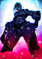  abs angel_(kof) blue_eyes breasts chaps cropped_jacket female fingerless_gloves from_below gloves hair_over_one_eye hand_on_own_hip highres jacket large_breasts leather leather_jacket lights looking_at_viewer looking_down navel revealing_clothes rog_rockbe short_hair smoke snk solo stage_lights standing the_king_of_fighters the_king_of_fighters_xiv the_king_of_fighters_xv toned underwear white_hair 