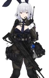  absurdres animal_ears black_legwear blue_leotard blue_necktie breasts detached_collar fake_animal_ears female fte_(fifteen_199) girls&#039;_frontline grey_hair gun highleg highleg_leotard highres knee_pads leotard light_machine_gun medium_breasts medium_hair necktie pantyhose playboy_bunny purple_eyes rabbit_ears rpk-16 rpk-16_(girls&#039;_frontline) russian_flag shrug_(clothing) smersh tactical_playboy_bunny trigger_discipline v weapon wrist_cuffs 