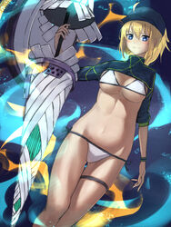  absurdres ahoge aito artoria_pendragon_(fate) baseball_cap bikini blonde_hair blue_eyes blue_hat breasts closed_mouth fate/grand_order fate_(series) female hair_through_headwear hat highres jacket large_breasts looking_at_viewer mysterious_heroine_xx_(fate) navel ponytail short_hair side-tie_bikini_bottom solo swimsuit thigh_strap weapon white_bikini 