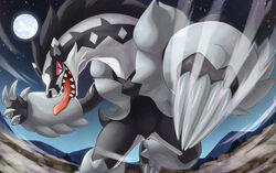  claws commentary_request hakuginnosora highres incoming_attack moon night obstagoon open_mouth outdoors pink_eyes pokemon pokemon_(creature) sharp_teeth sky smile solo star_(sky) teeth tongue tongue_out 