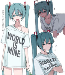  all_fours aqua_eyes aqua_hair blush bra channel_(_caststation) closed_mouth clothes_writing collarbone commentary dot_nose female hair_between_eyes hatsune_miku hatsune_miku_(vocaloid4) headset highres long_hair looking_at_viewer loose_clothes loose_shirt multiple_views no_pants oerba_yun_fang open_mouth oversized_clothes oversized_shirt scratching shirt sidelocks simple_background sleepy spring_onion squeans striped_bra striped_clothes sweatdrop translated twintails underwear v4x very_long_hair vocaloid white_background white_shirt world_is_mine_(vocaloid) 