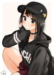  backpack bag baseball_cap black_eyes black_hair black_hat black_hoodie choker collar female hand_on_own_cheek hand_on_own_face hat highres hood hoodie kentaurosu looking_at_viewer medium_hair original red_shorts shorts sleeves_past_wrists smiley_face solo white_background 